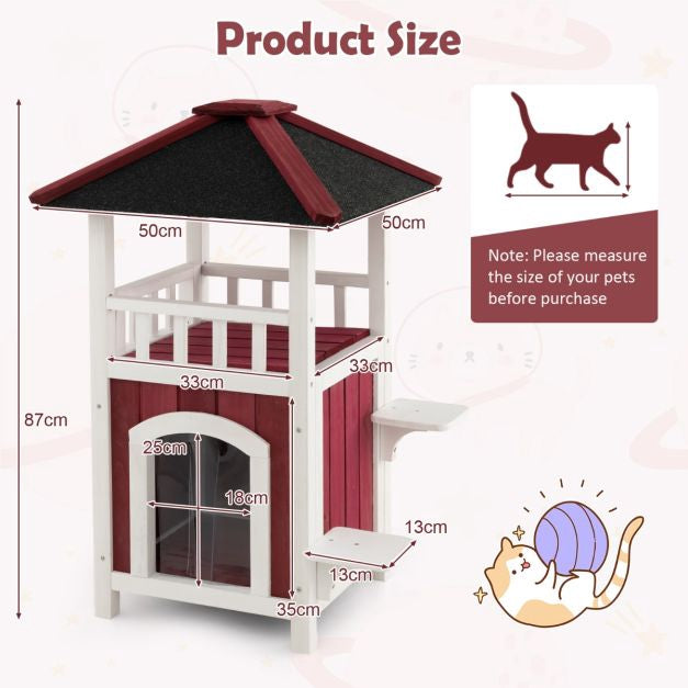 Outdoor 2-Story Wooden Cat House, Asphalt Roof, Balcony