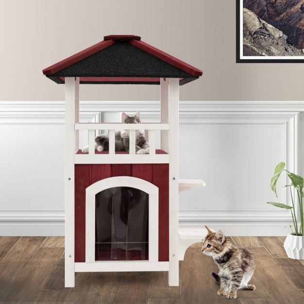 Outdoor 2-Story Wooden Cat House, Asphalt Roof, Balcony