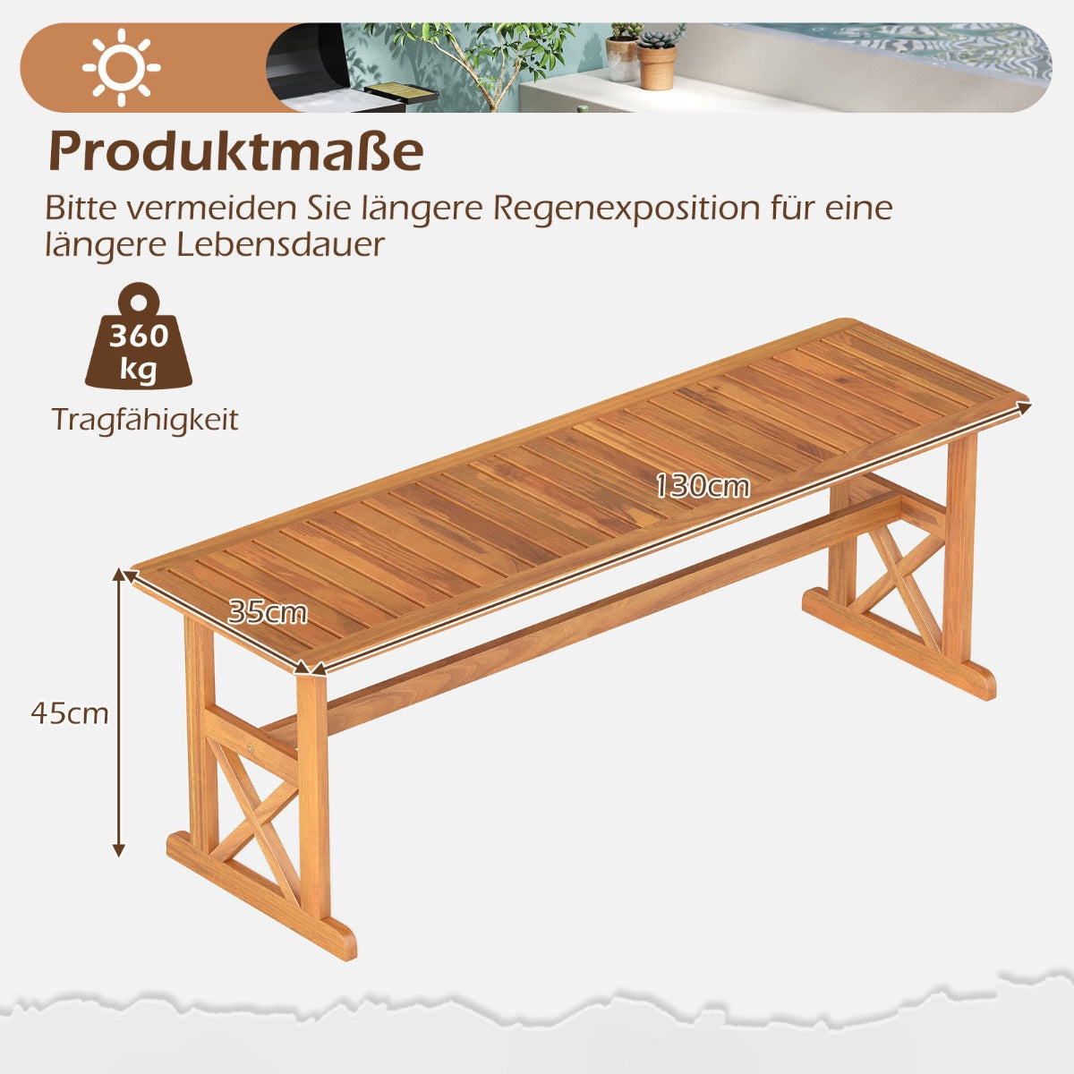 Outdoor Acacia Wood Bench, 130 cm, Seats 2-3, Slatted Design