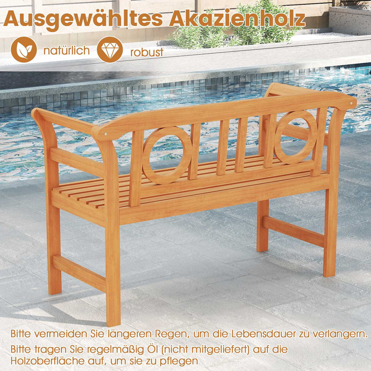 Outdoor Acacia Wood Bench, 2-Seater, 360 kg Capacity