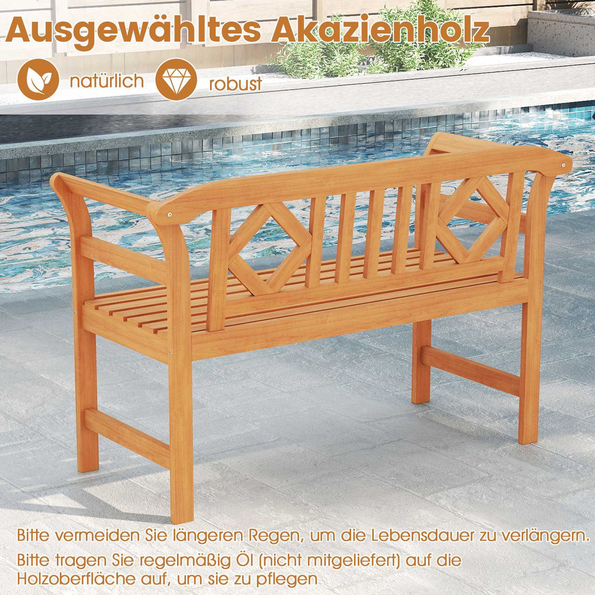 Outdoor Acacia Wood Bench, 2-Seater, 360 kg Capacity