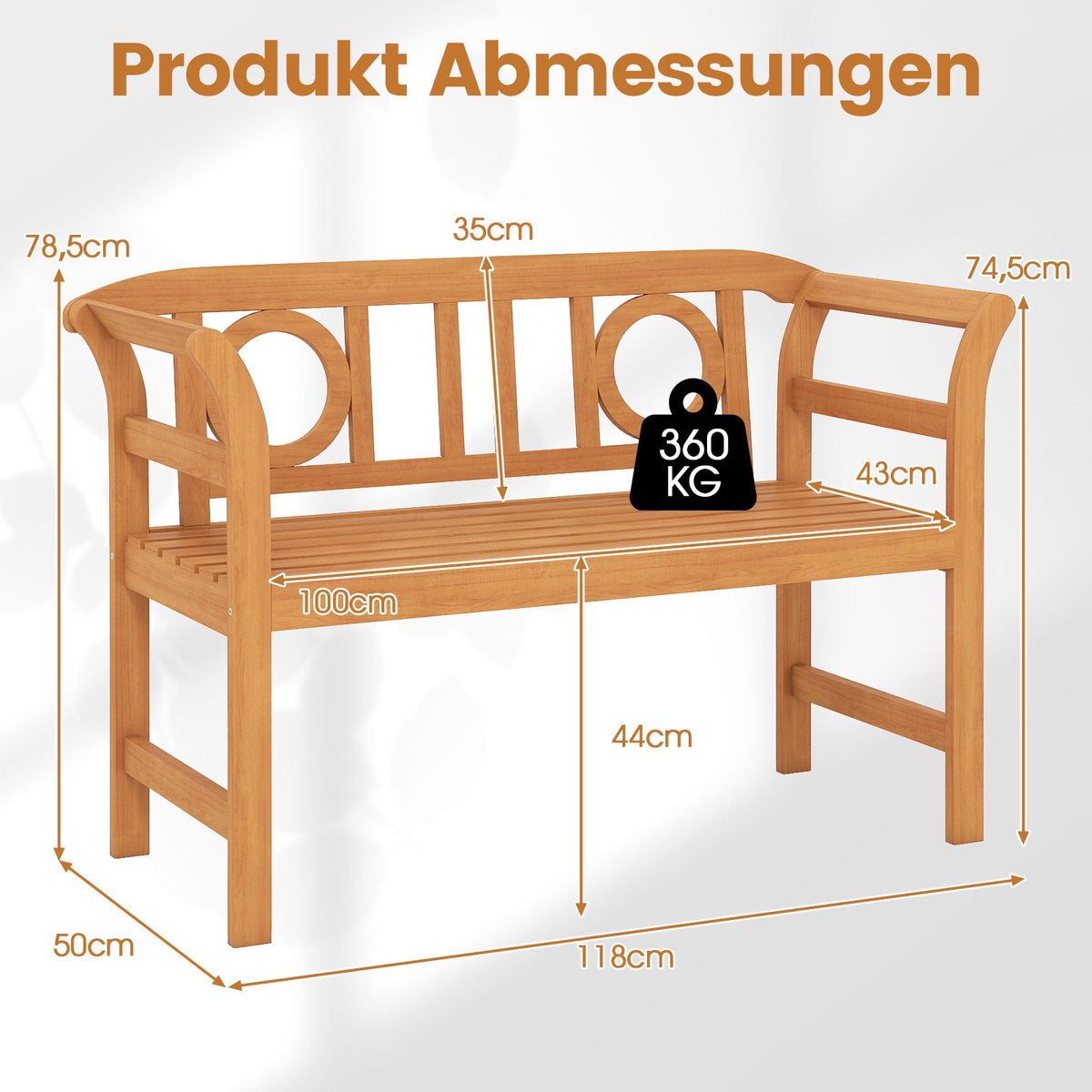 Outdoor Acacia Wood Bench, 2-Seater, 360 kg Capacity