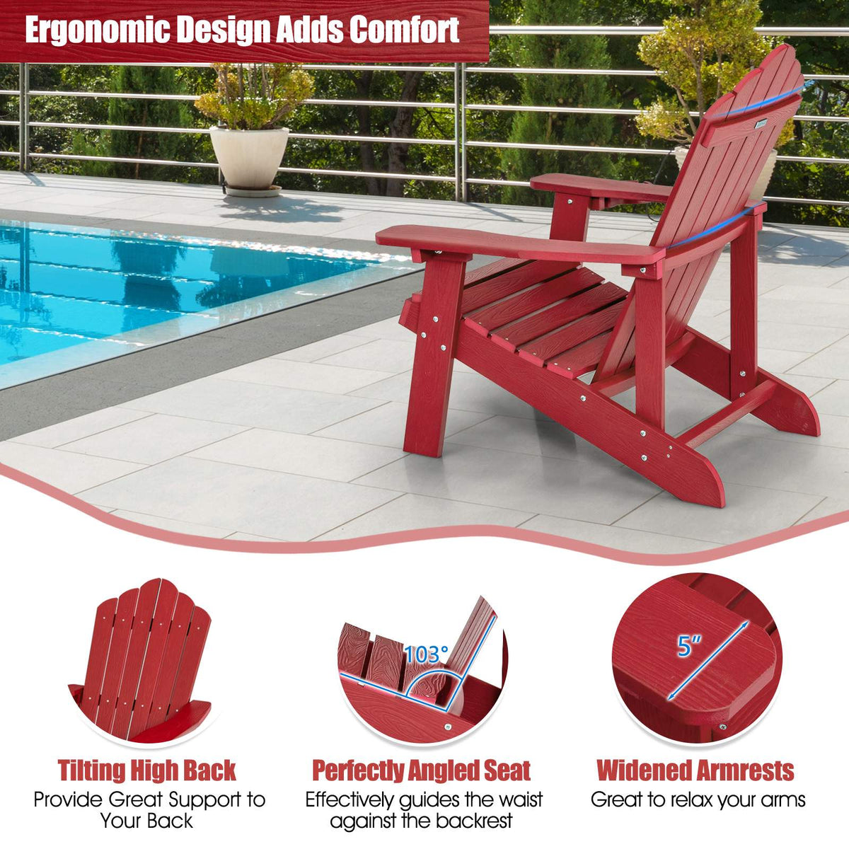 Outdoor Adirondack Chair, HIPS, Cup Holder, Red