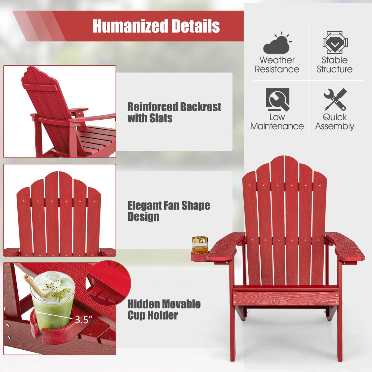 Outdoor Adirondack Chair, HIPS, Cup Holder, Red
