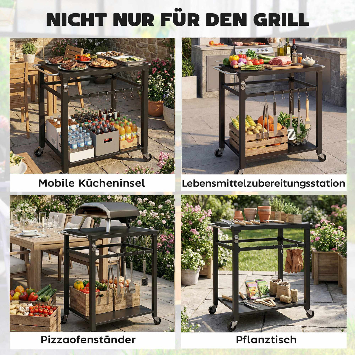 Outdoor BBQ Cart with Storage, Metal Surface, Black