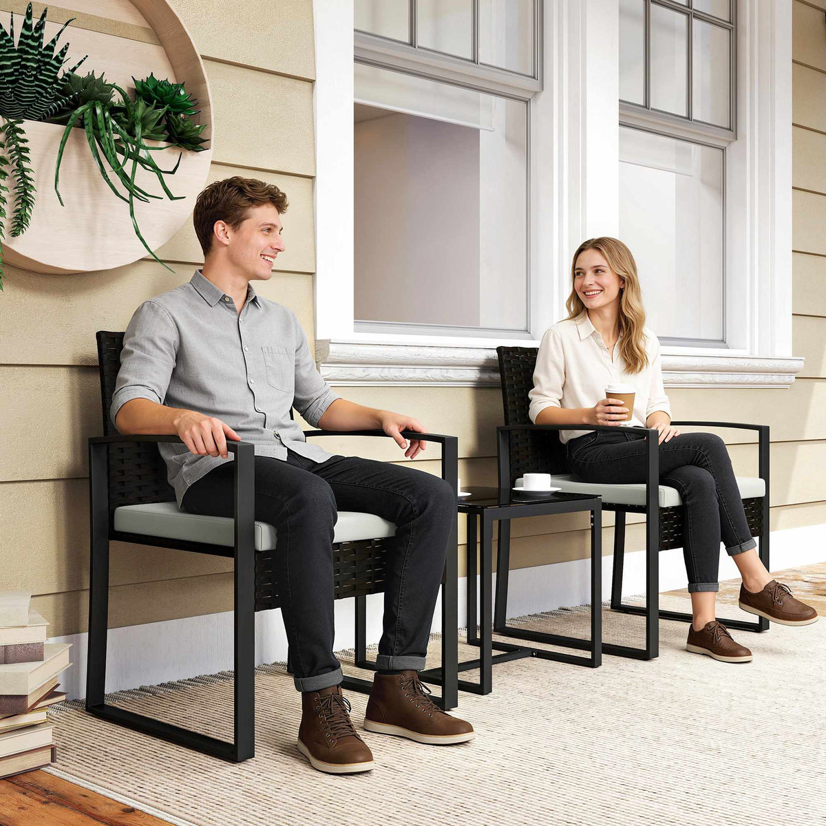 Outdoor Balcony Furniture Set, Rattan, Cushioned, 3-Piece