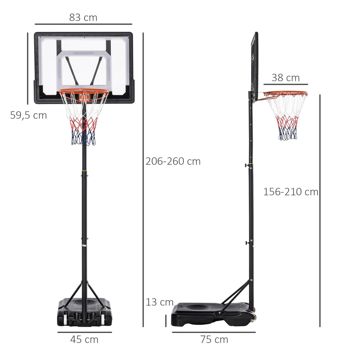 Outdoor Basketball Hoop Height-Adjustable Basketball Stand For Children With Wheels, Black, 83 X 75 X 206-260 Cm