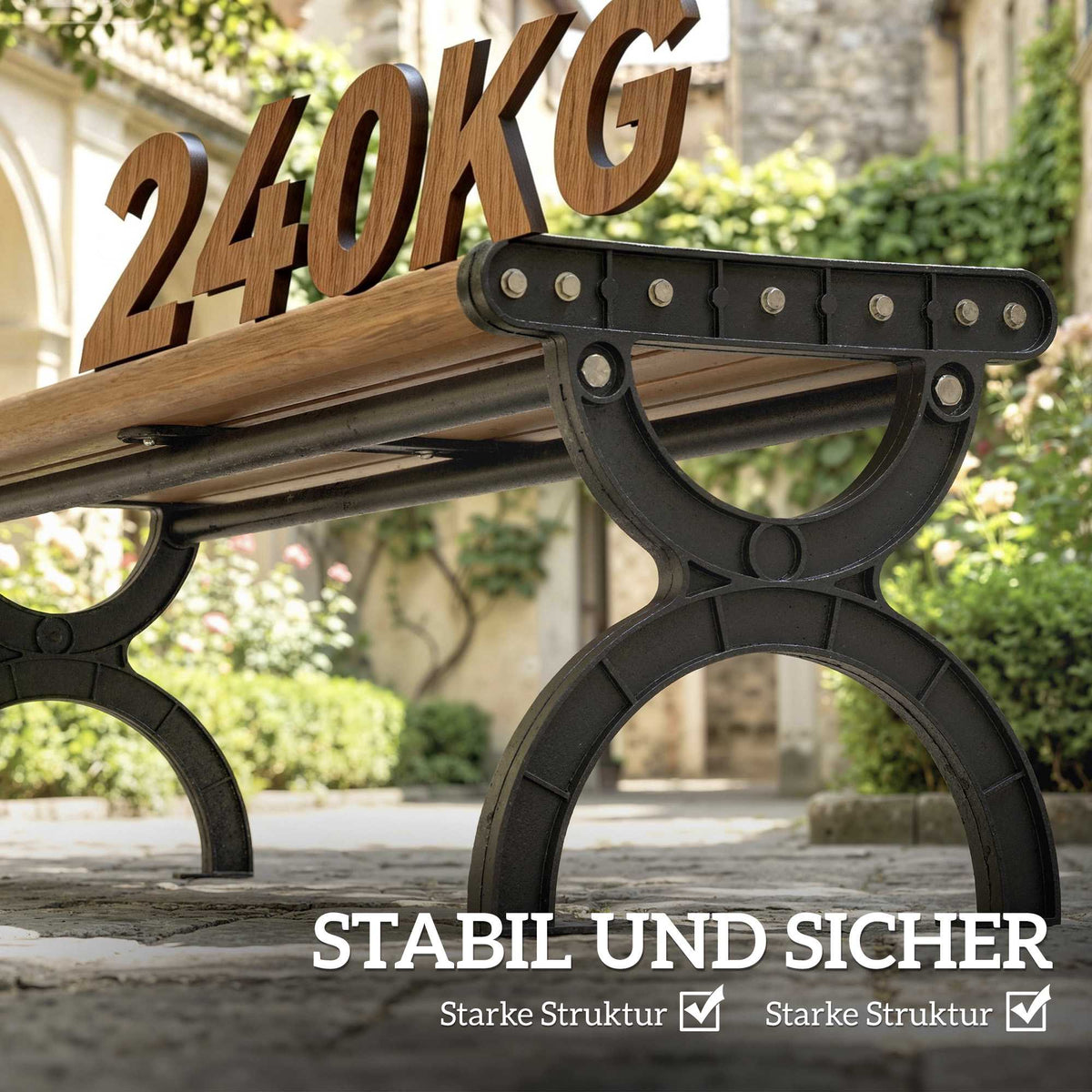 Outdoor Bench, Metal & Fiberglass, 240kg Capacity, Wood Grain
