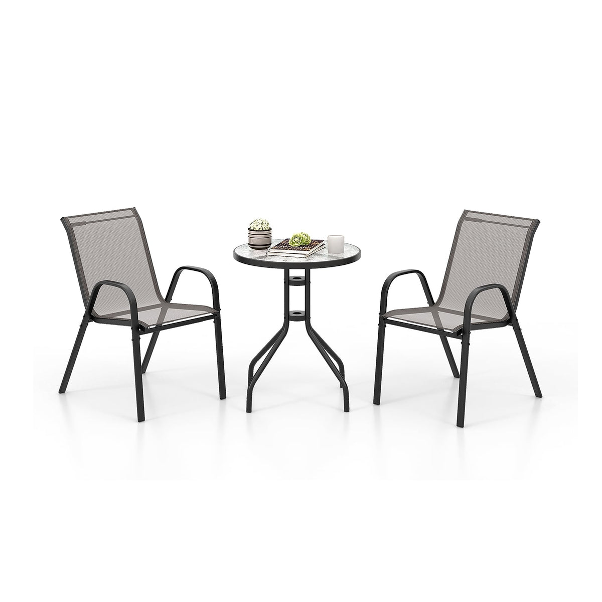 Outdoor Bistro Set – 2 Stackable Chairs, Round Table, Gray