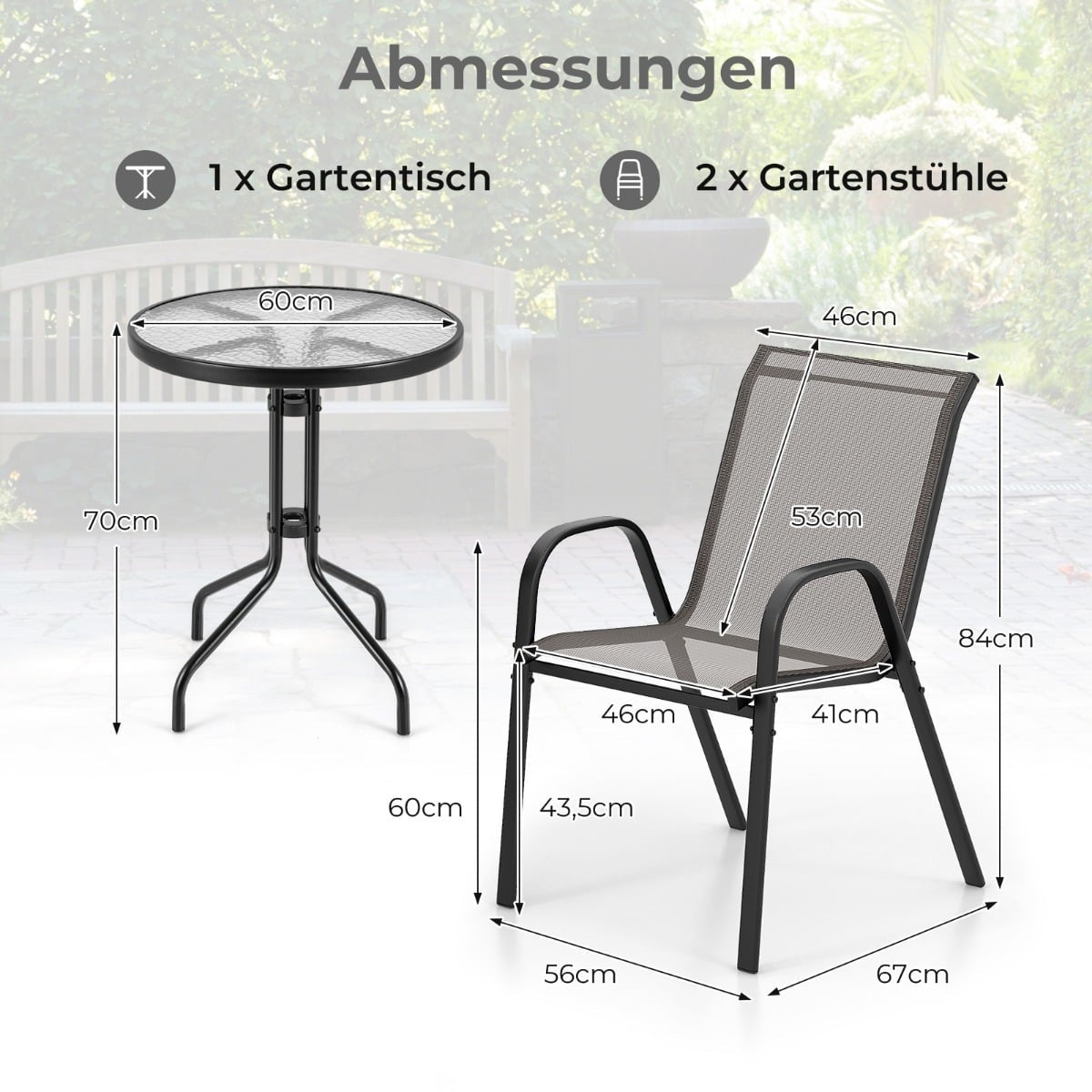 Outdoor Bistro Set – 2 Stackable Chairs, Round Table, Gray