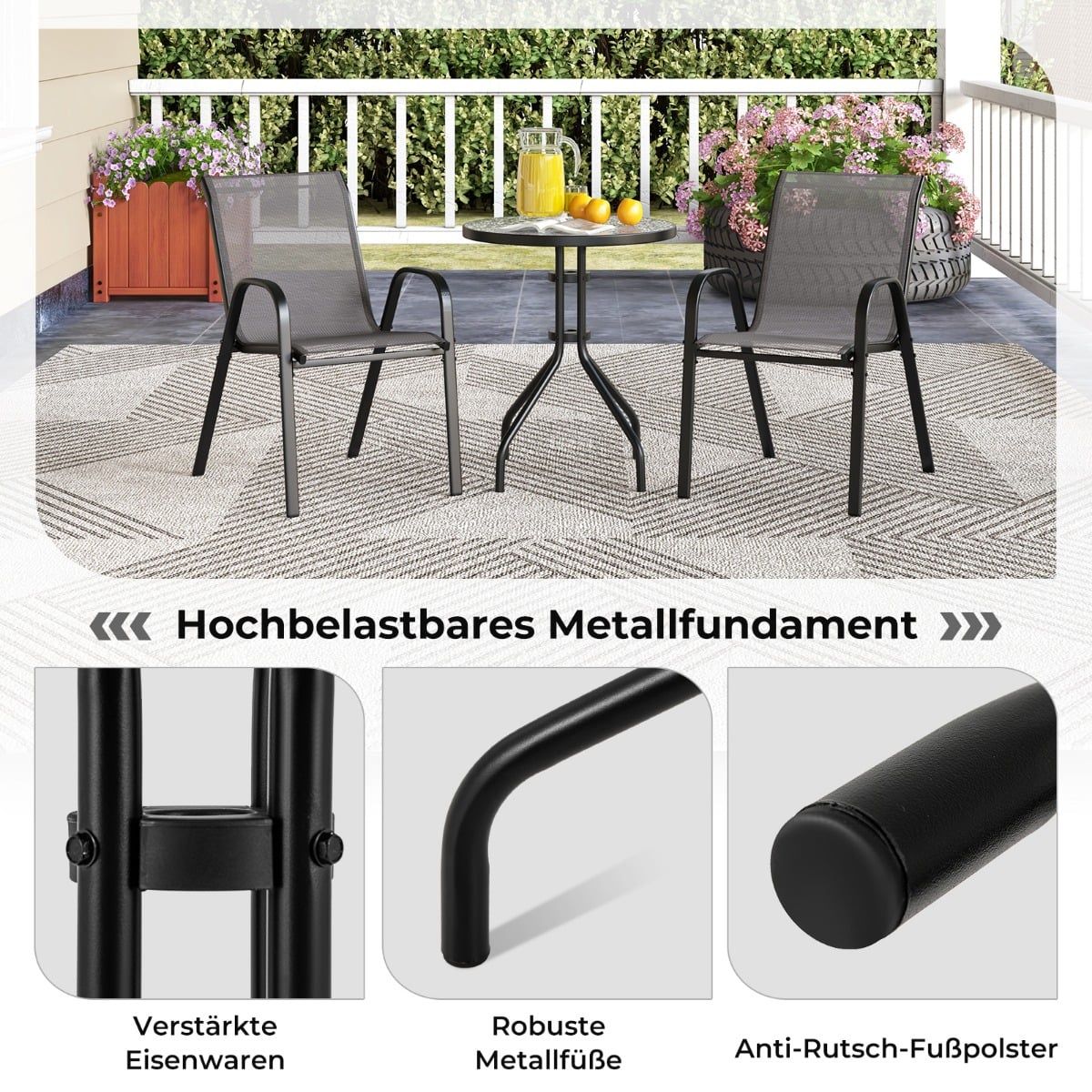 Outdoor Bistro Set – 2 Stackable Chairs, Round Table, Gray