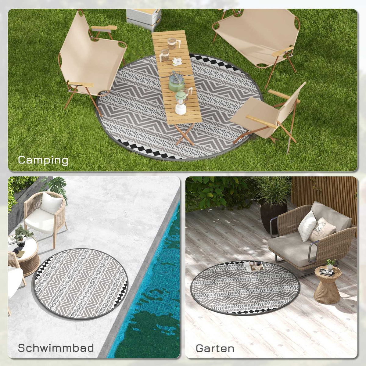 Outdoor Carpet Round Reversible Carry Bag Waterproof Plastic Mat Garden Camping 180Cm Gray + Black