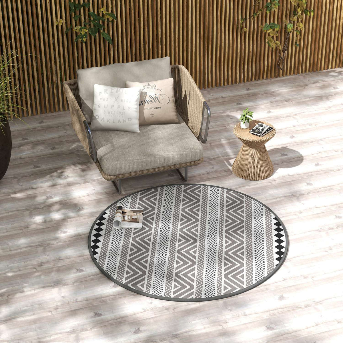 Outdoor Carpet Round Reversible Carry Bag Waterproof Plastic Mat Garden Camping 180Cm Gray + Black