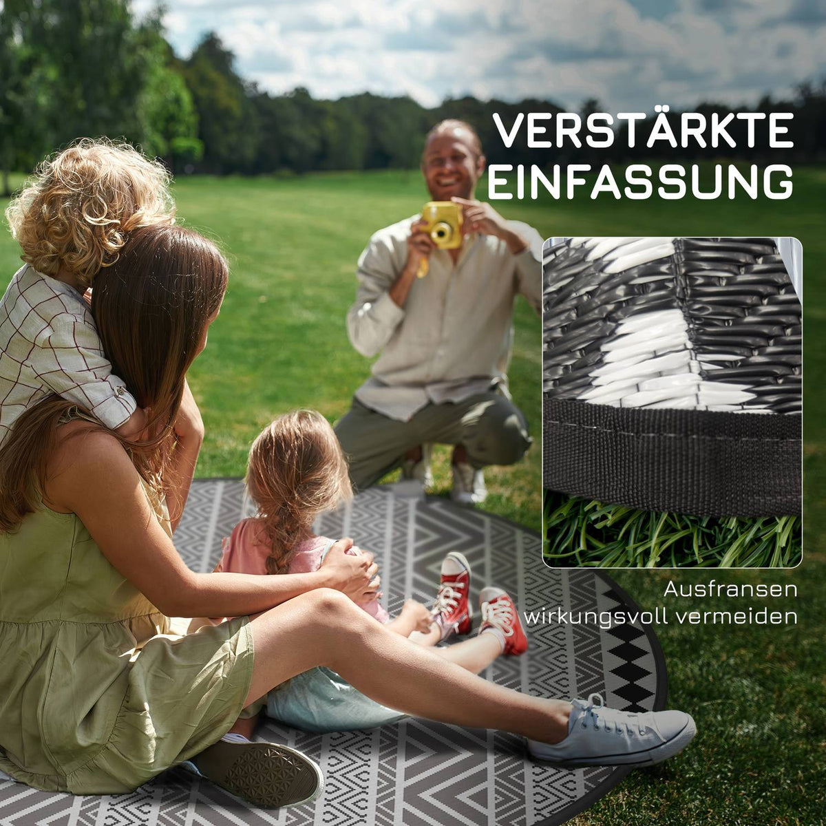 Outdoor Carpet Round Reversible Carry Bag Waterproof Plastic Mat Garden Camping 180Cm Gray + Black