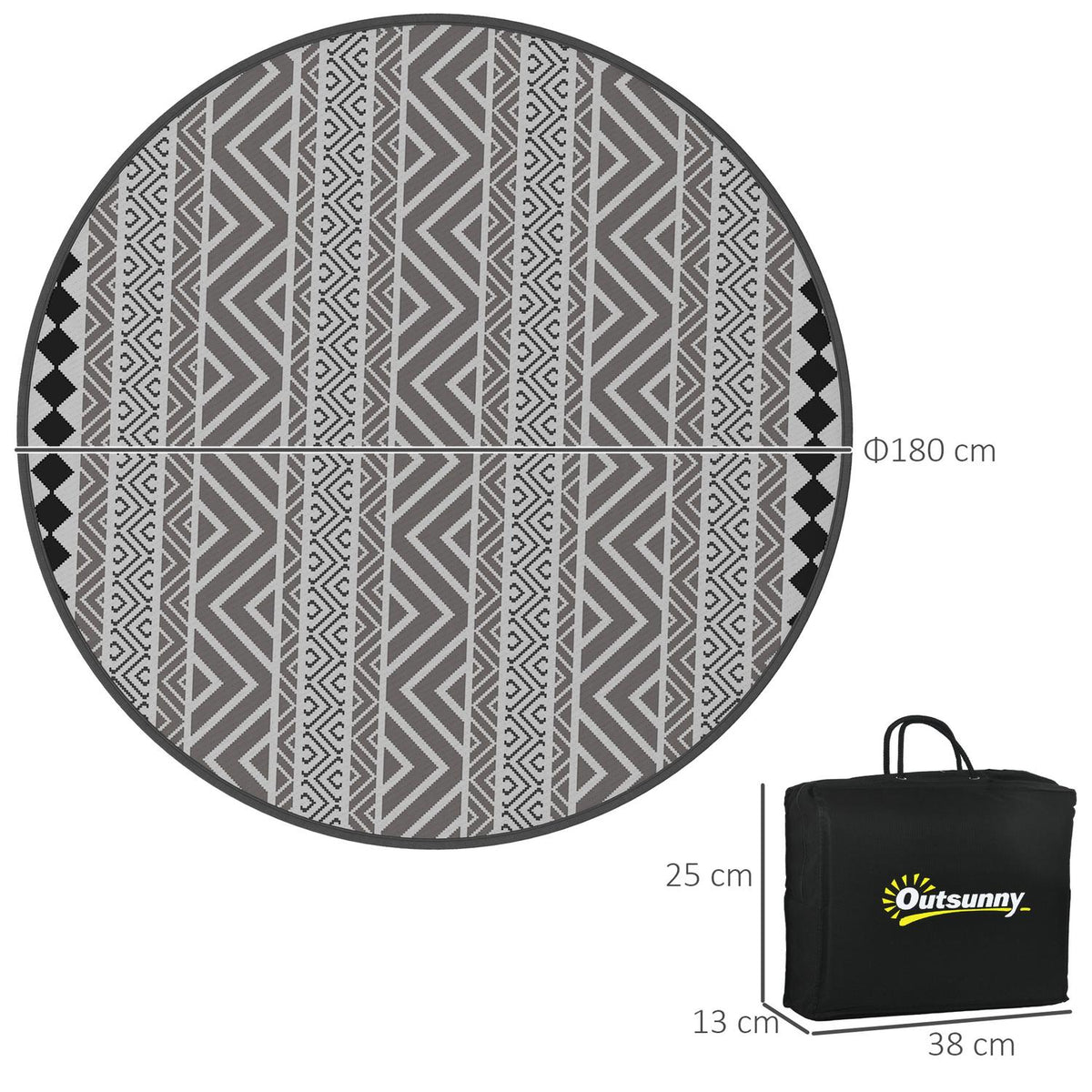 Outdoor Carpet Round Reversible Carry Bag Waterproof Plastic Mat Garden Camping 180Cm Gray + Black