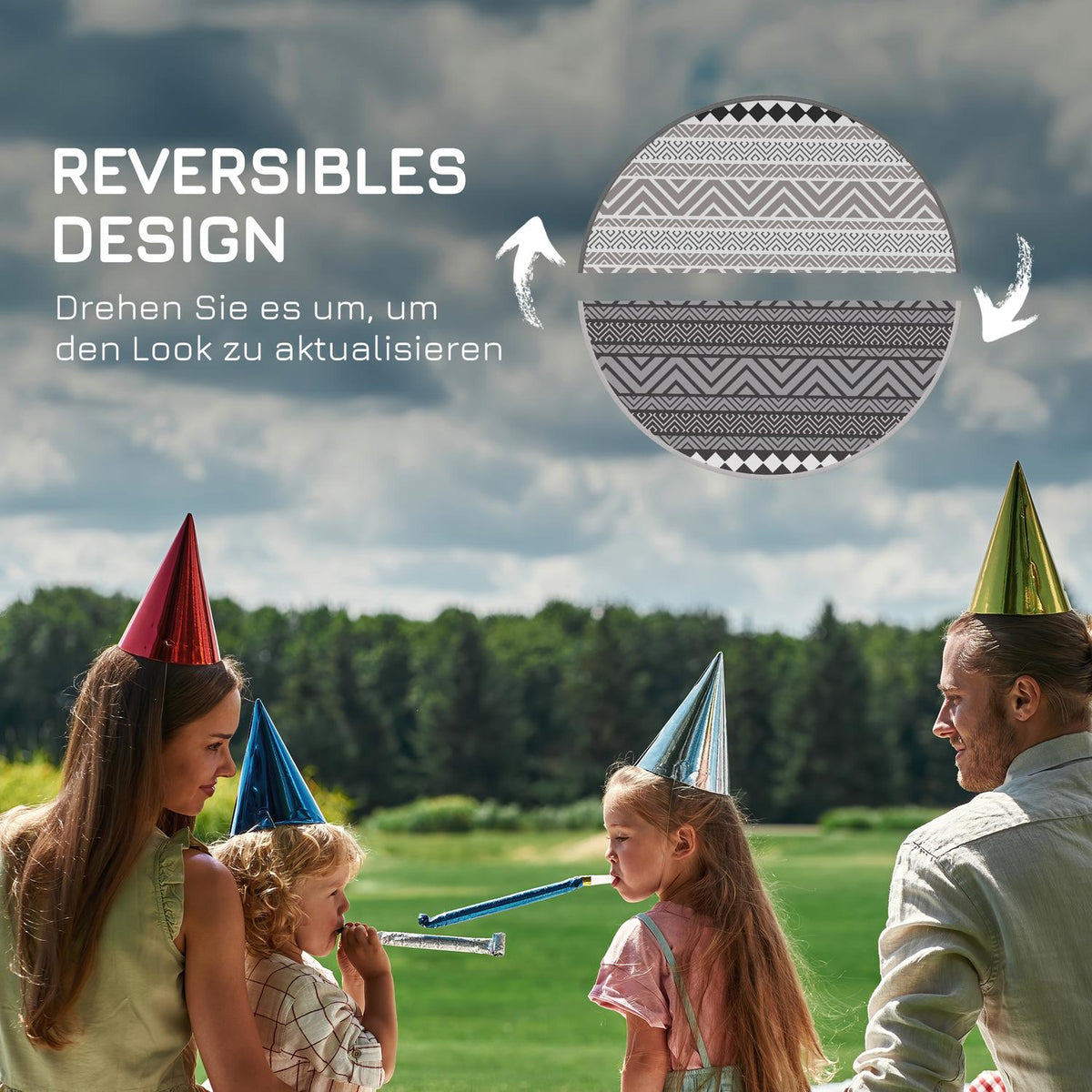 Outdoor Carpet Round Reversible Carry Bag Waterproof Plastic Mat Garden Camping 180Cm Gray + Black