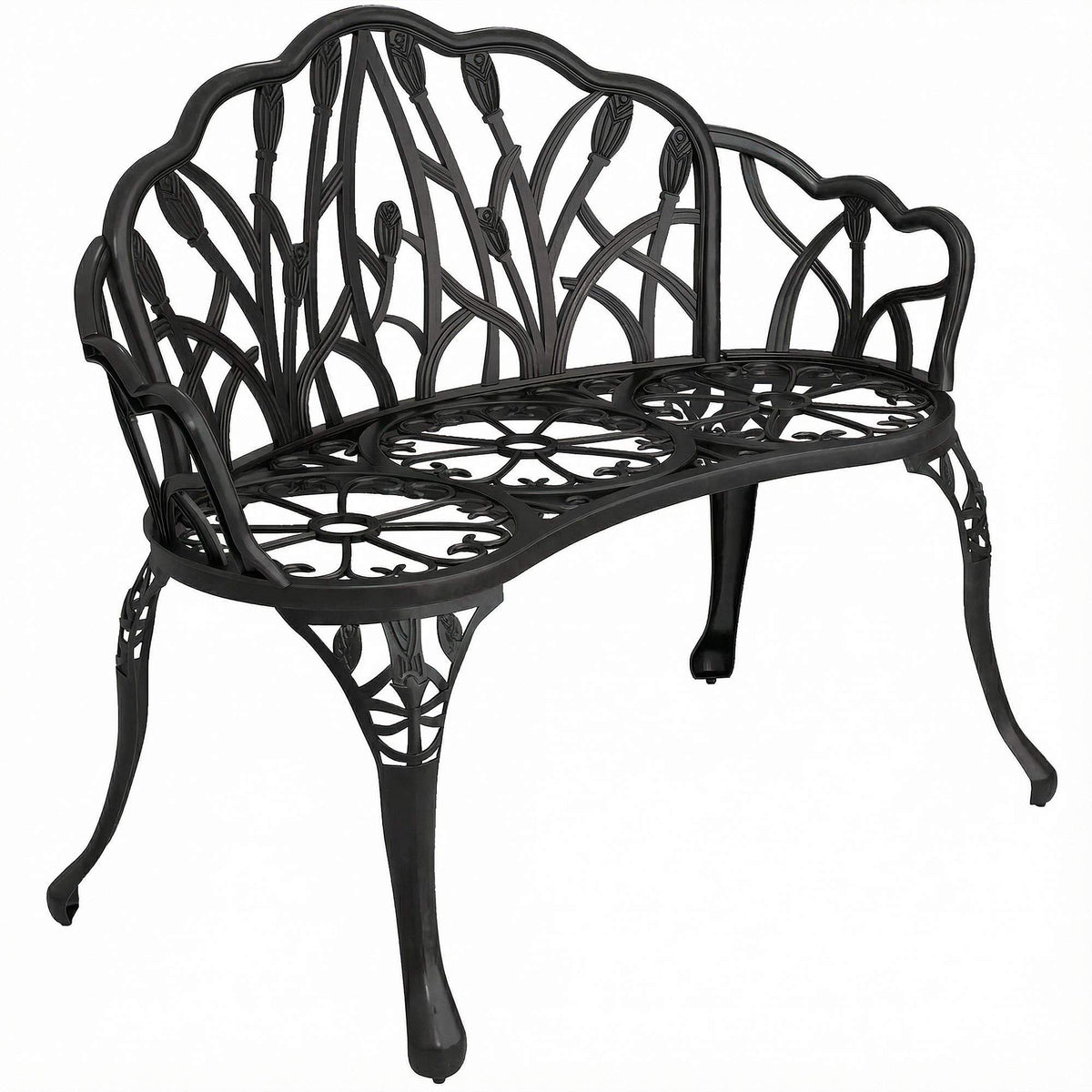 Outdoor Cast Aluminum Garden Bench, Black, 2-Seater
