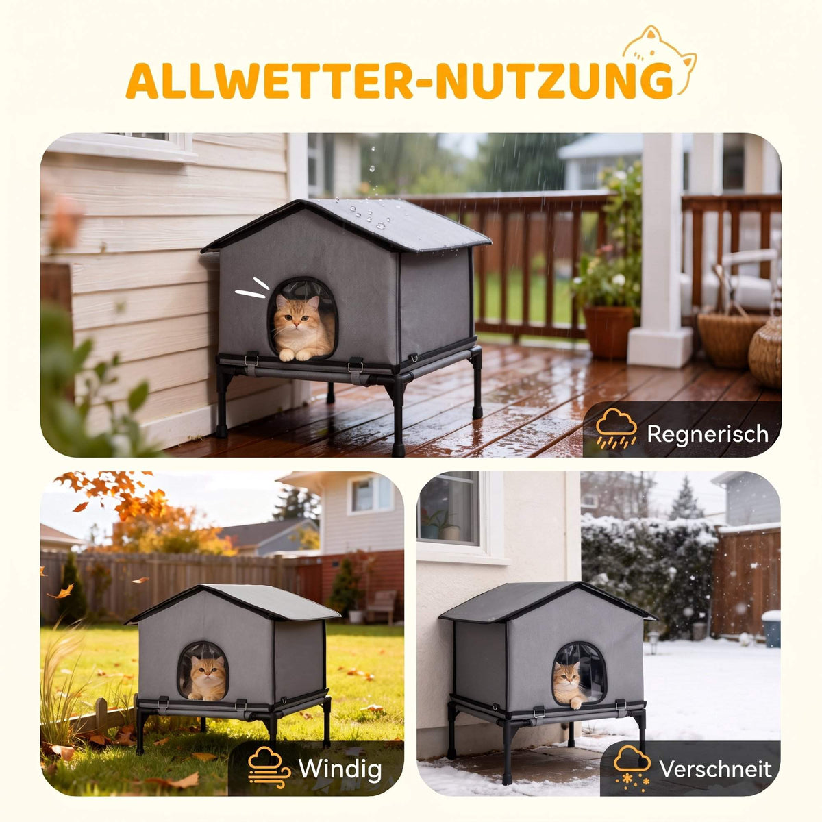 Outdoor Cat House, Foldable & Elevated with Cushion, Grey
