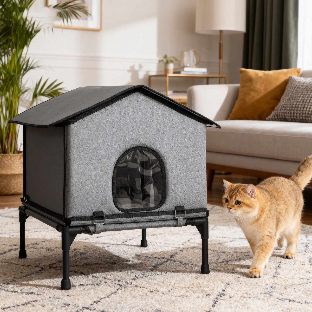 Outdoor Cat House, Foldable & Elevated with Cushion, Grey