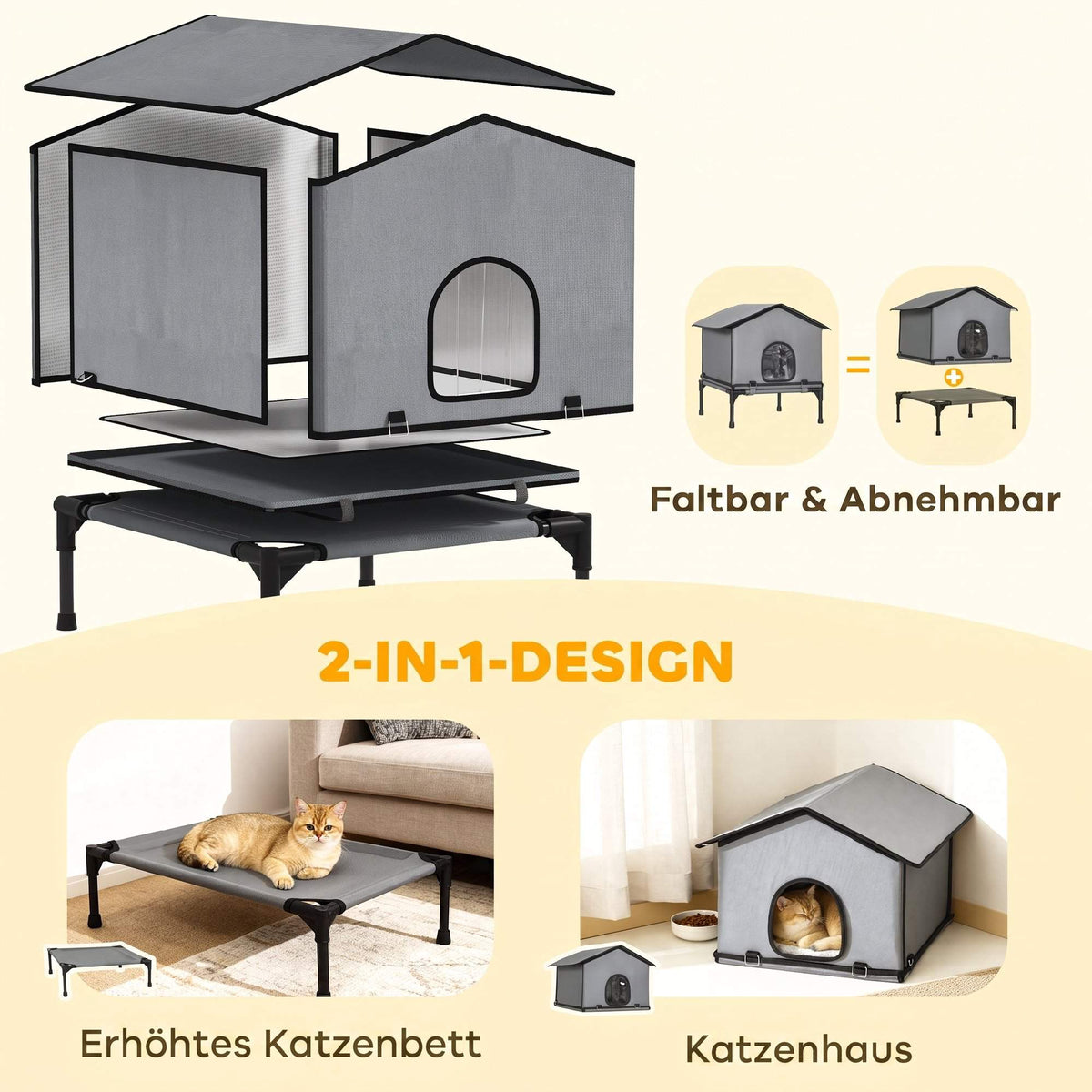 Outdoor Cat House, Foldable & Elevated with Cushion, Grey