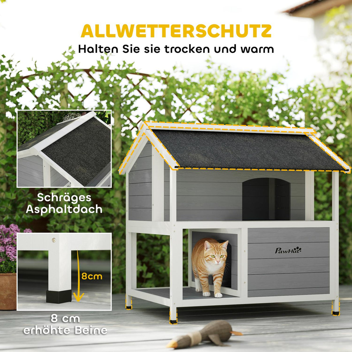 Outdoor Cat House, Waterproof Fir Wood, 2 Levels, 80x93x95 cm