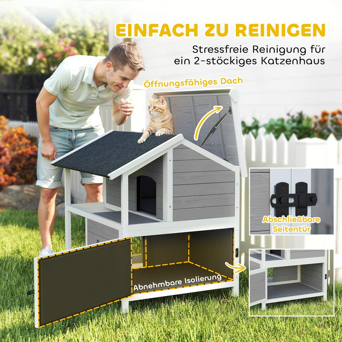 Outdoor Cat House, Waterproof Fir Wood, 2 Levels, 80x93x95 cm