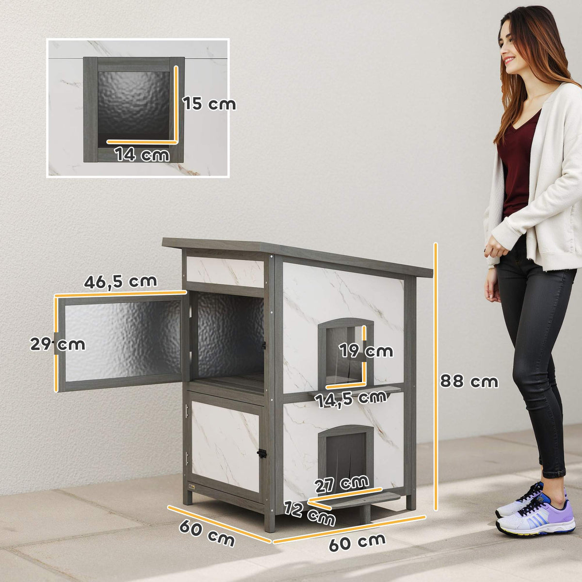Outdoor Cat House, Waterproof Wood Shelter, Multiple Entrances
