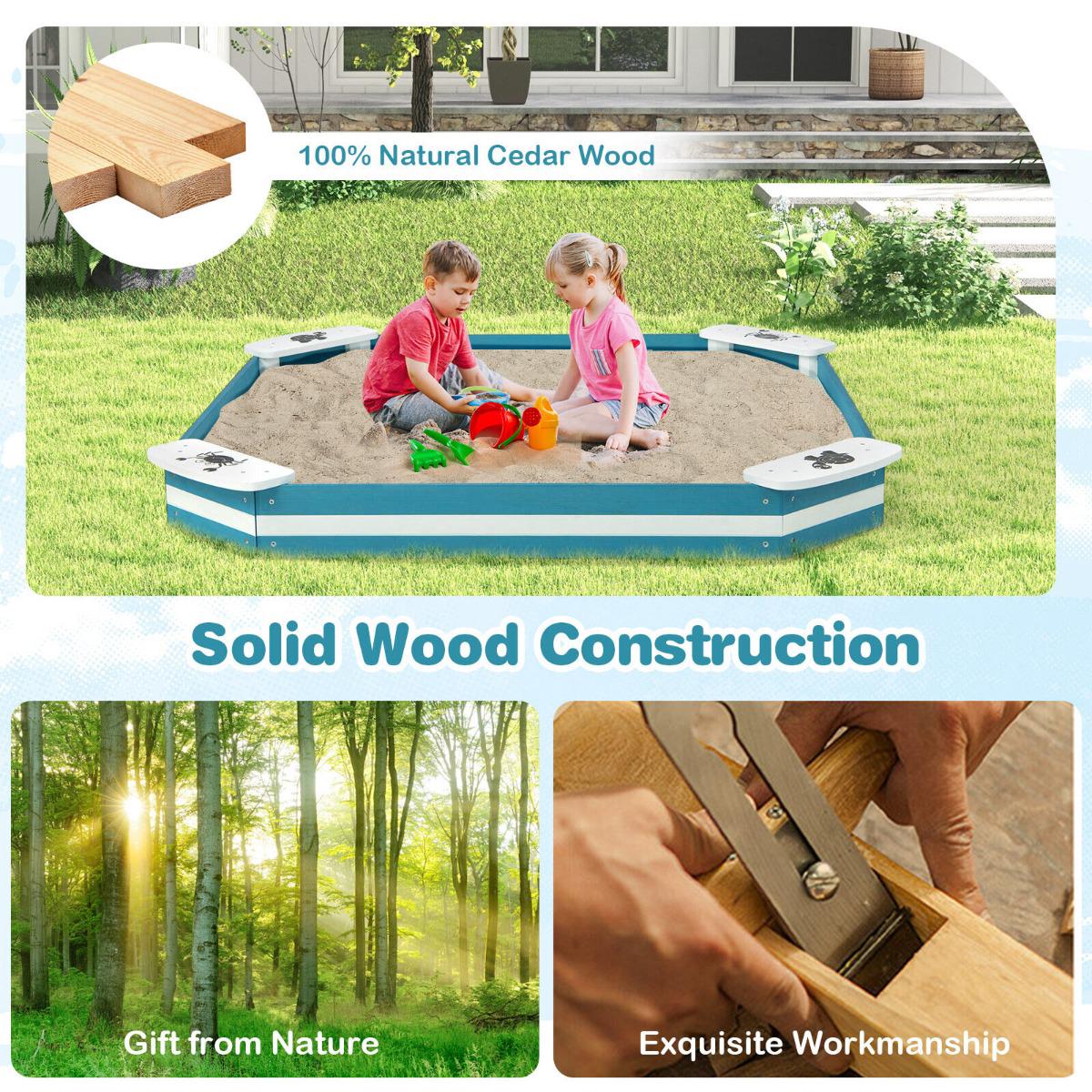 Outdoor Cedar Wood Sandbox With 4 Animal-Pattern Seats