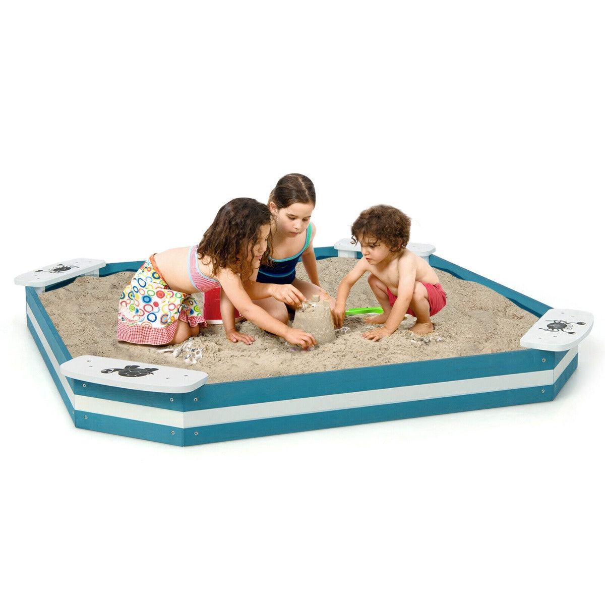 Outdoor Cedar Wood Sandbox With 4 Animal-Pattern Seats