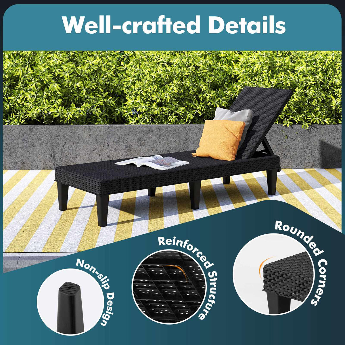 Outdoor Chaise Lounge, 3-Position Recline, Black