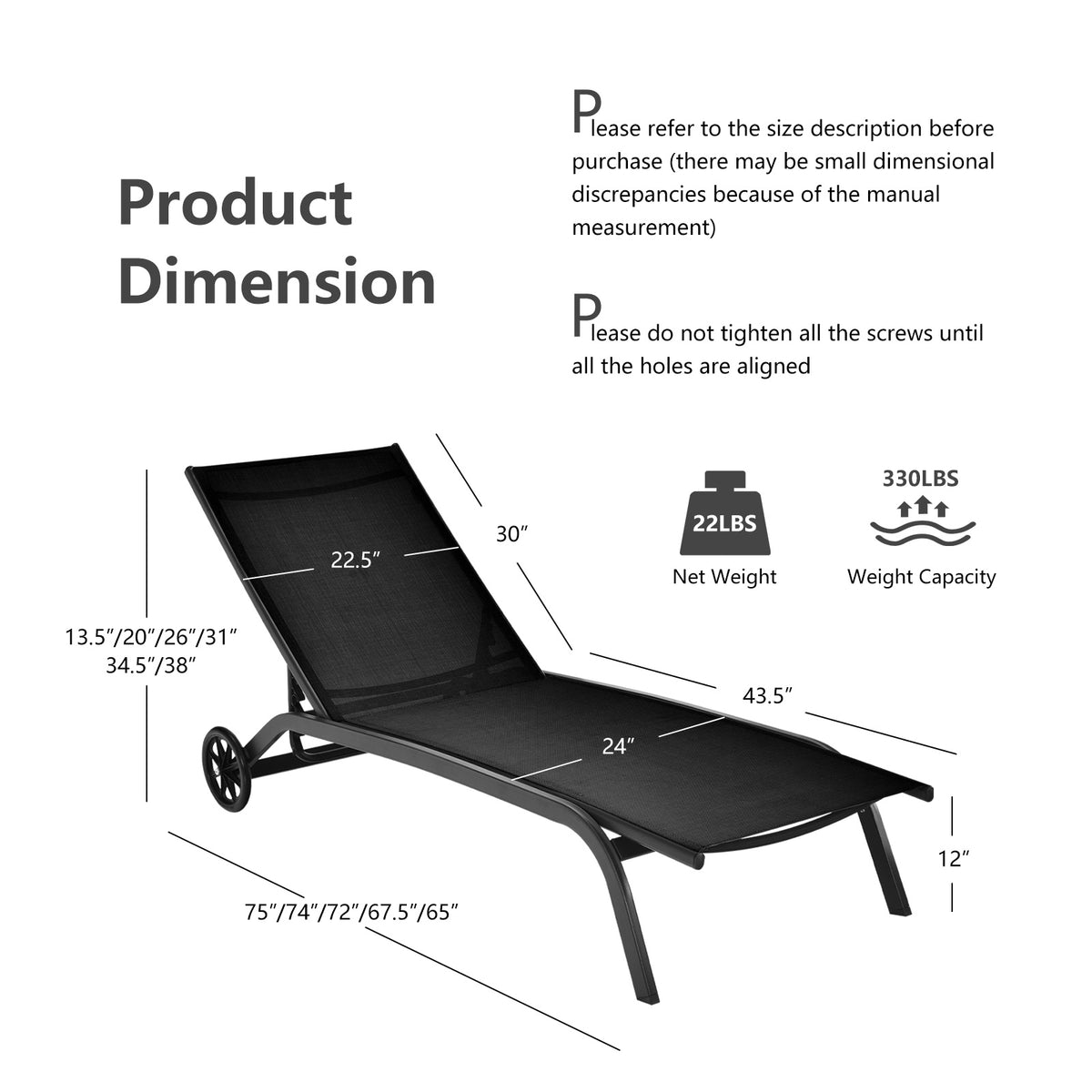 Outdoor Chaise Lounge Chair – 6-Position, Wheels, Black