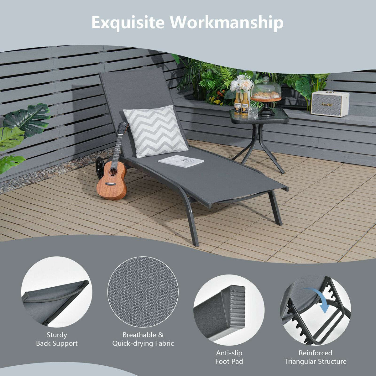 Outdoor Chaise Lounge Chair, 6-Position, Wheels