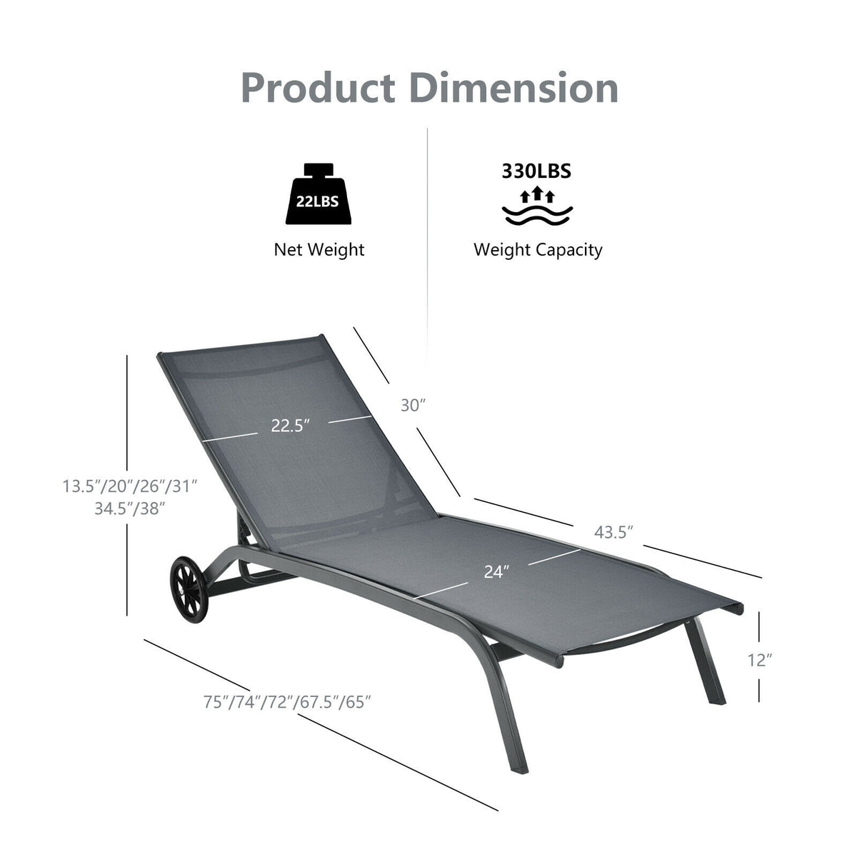 Outdoor Chaise Lounge Chair, 6-Position, Wheels