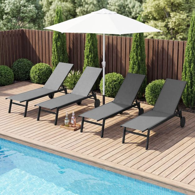 Outdoor Chaise Lounge Chairs, Set of 2, Wheels, Gray