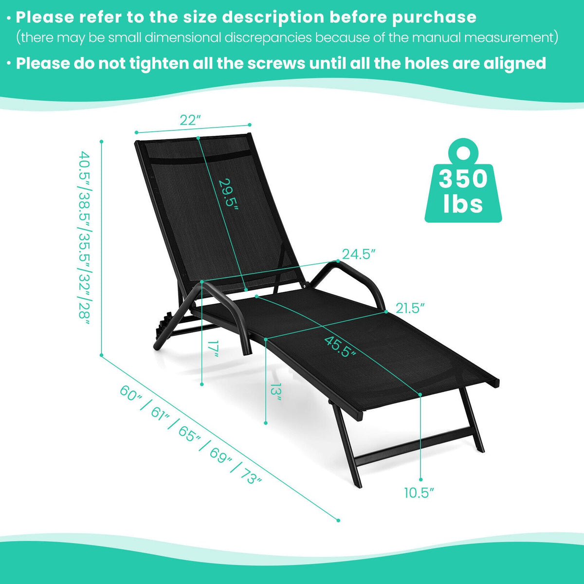 Outdoor Chaise Lounge Set, Adjustable Backrest, Black