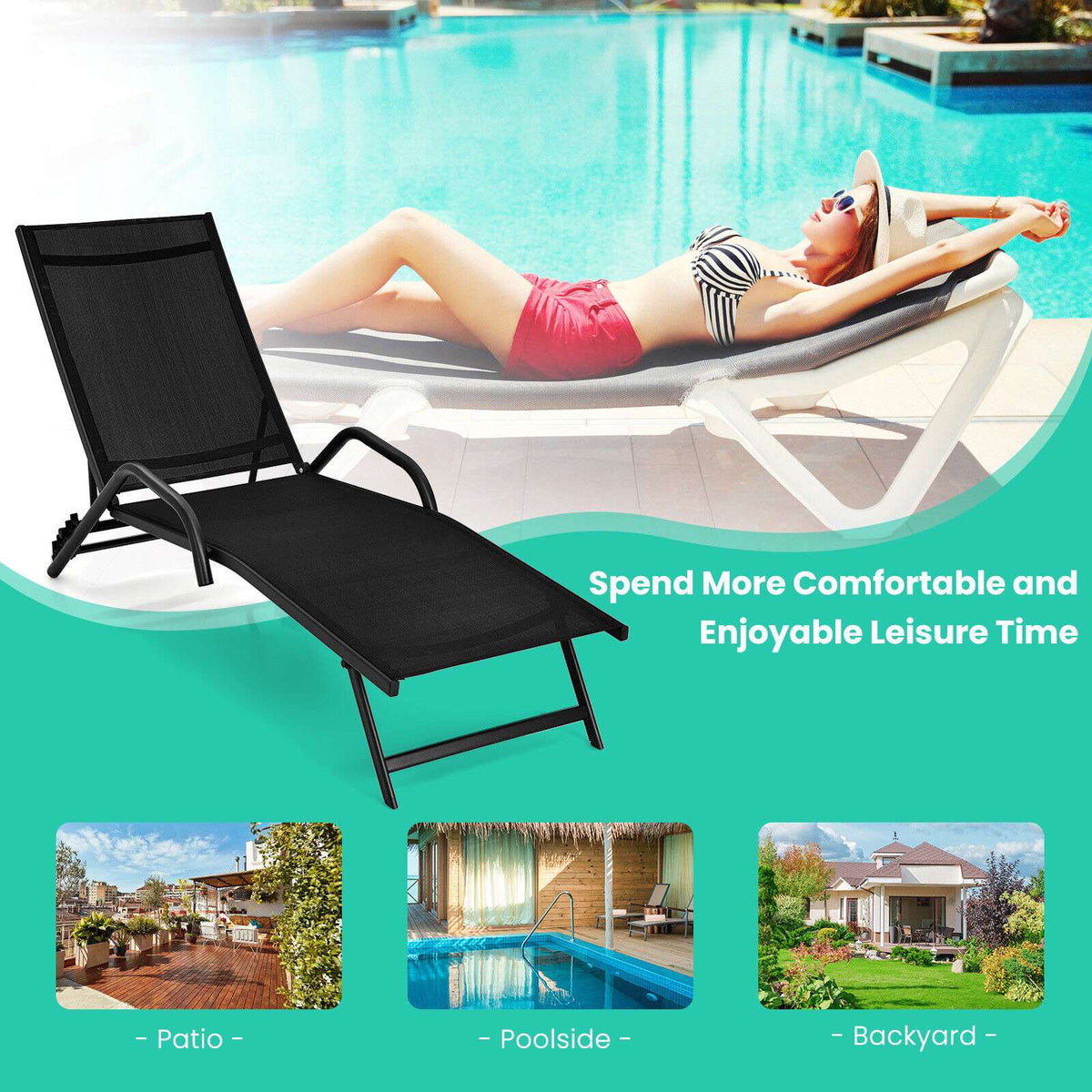 Outdoor Chaise Lounge Set, Adjustable Backrest, Black