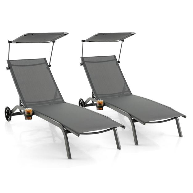 Outdoor Chaise Lounge With Canopy, Wheels, Metal Frame