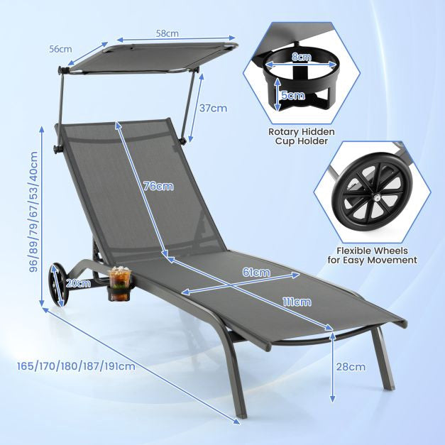 Outdoor Chaise Lounge With Canopy, Wheels, Metal Frame