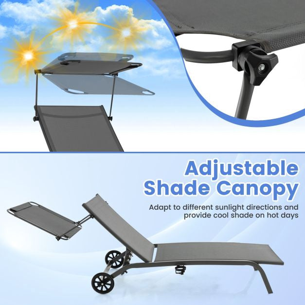Outdoor Chaise Lounge With Canopy, Wheels, Metal Frame