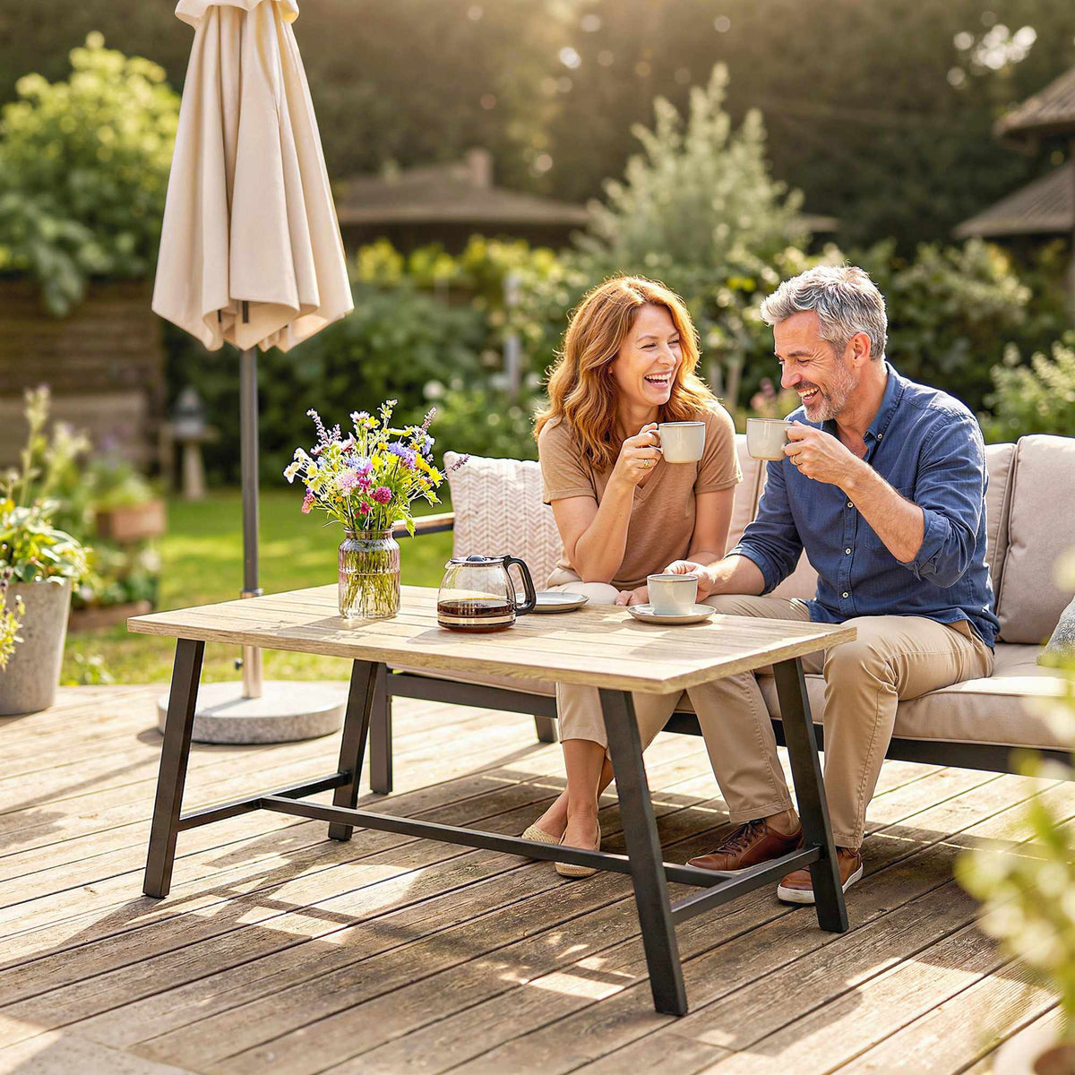 Outdoor Coffee Table, Wood-Look Top, 100x55 cm, Weatherproof