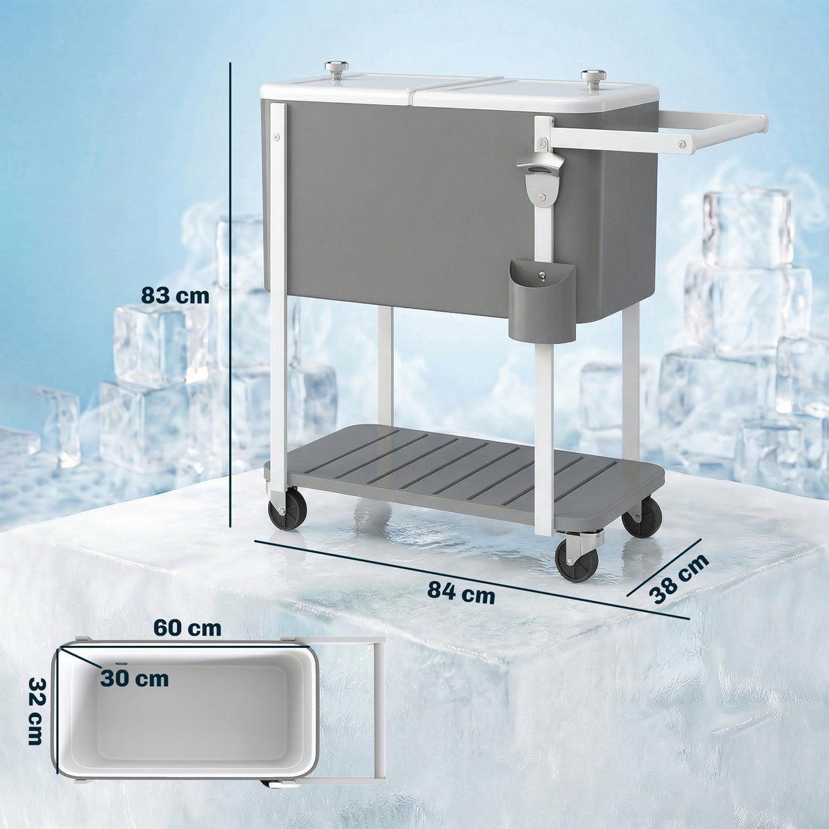 Outdoor Cooler Cart with Wheels, 56L Capacity, Gray