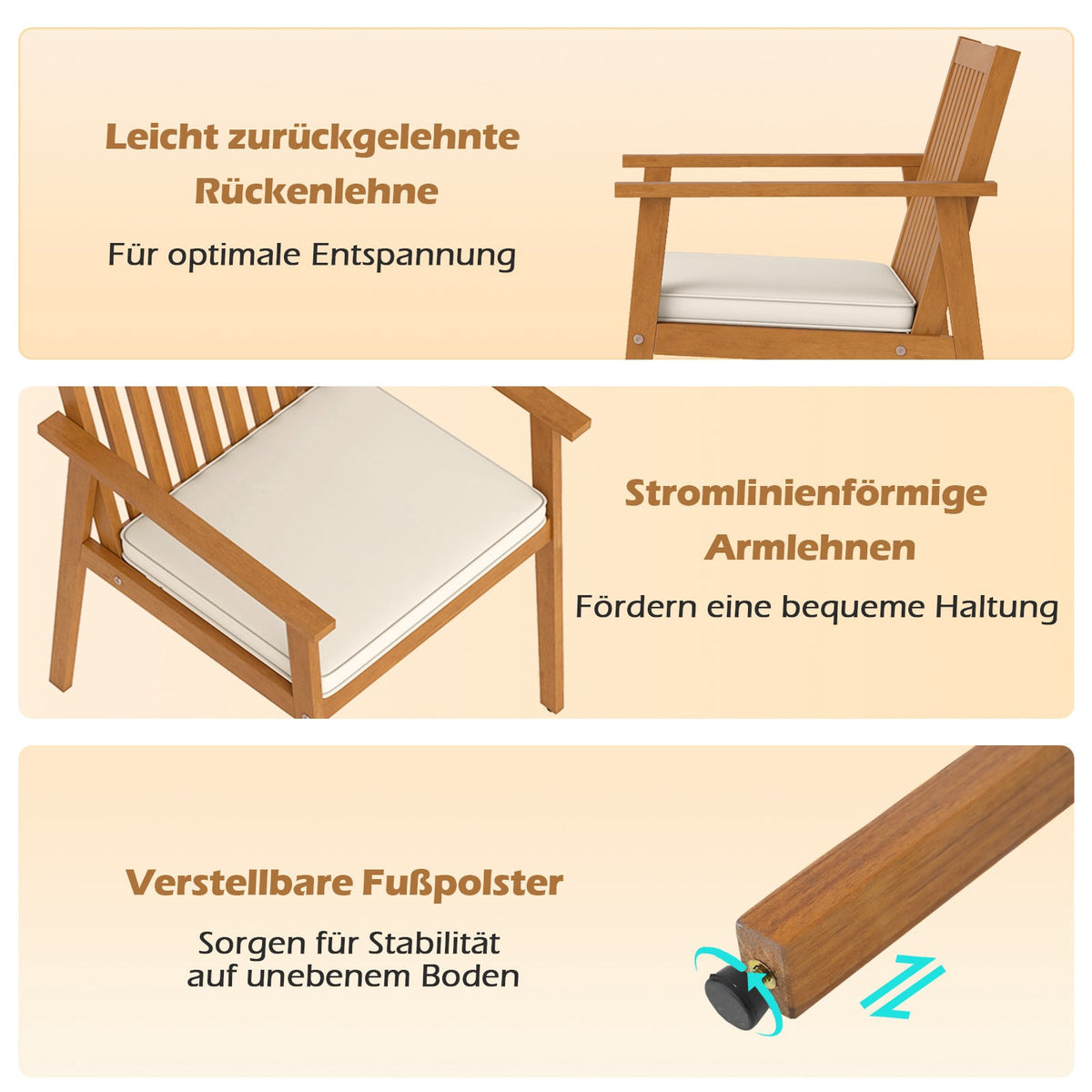 Outdoor Dining Chairs Set, Acacia Wood, Removable Cushions