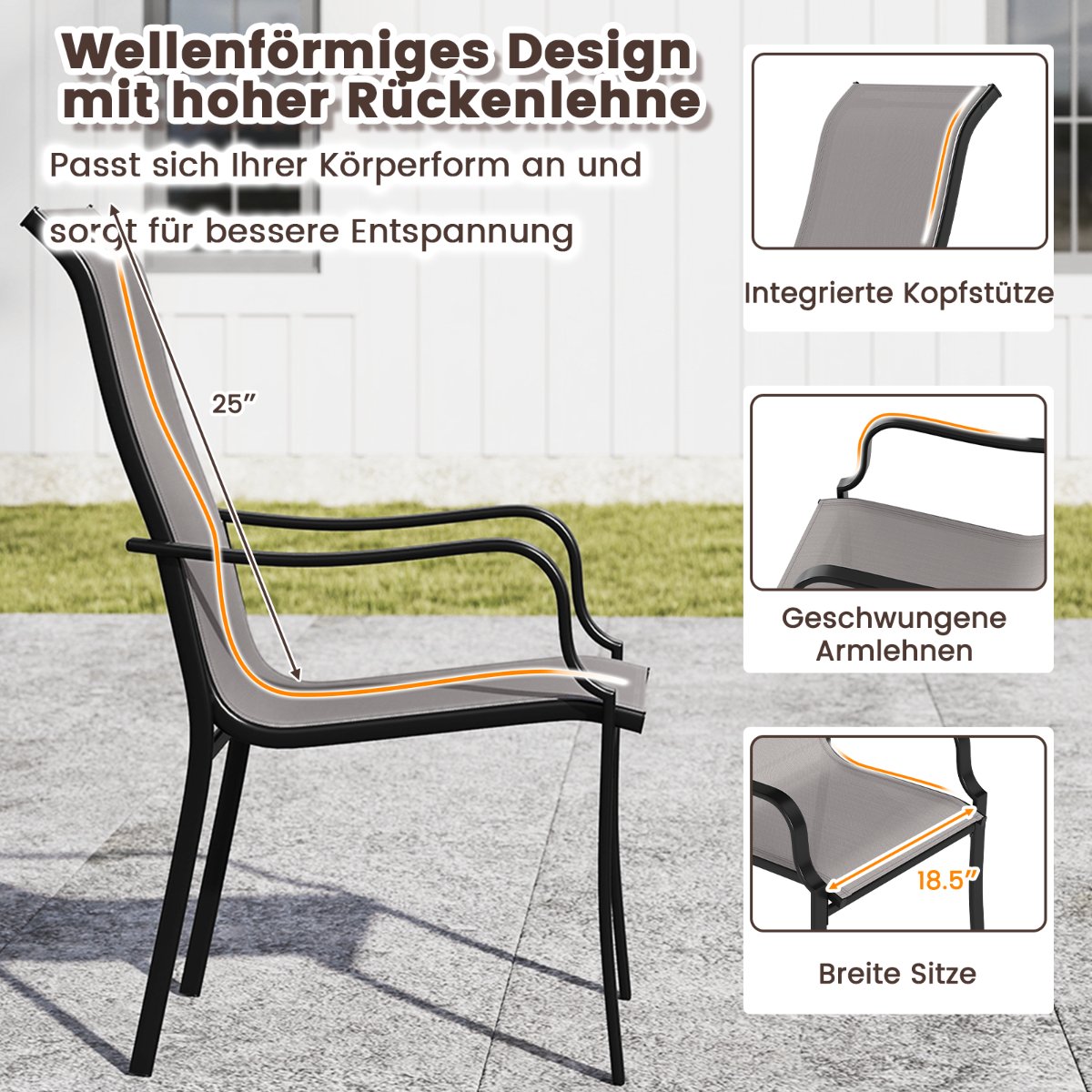 Outdoor Dining Chairs Set, High Back, 150kg Capacity, Grey