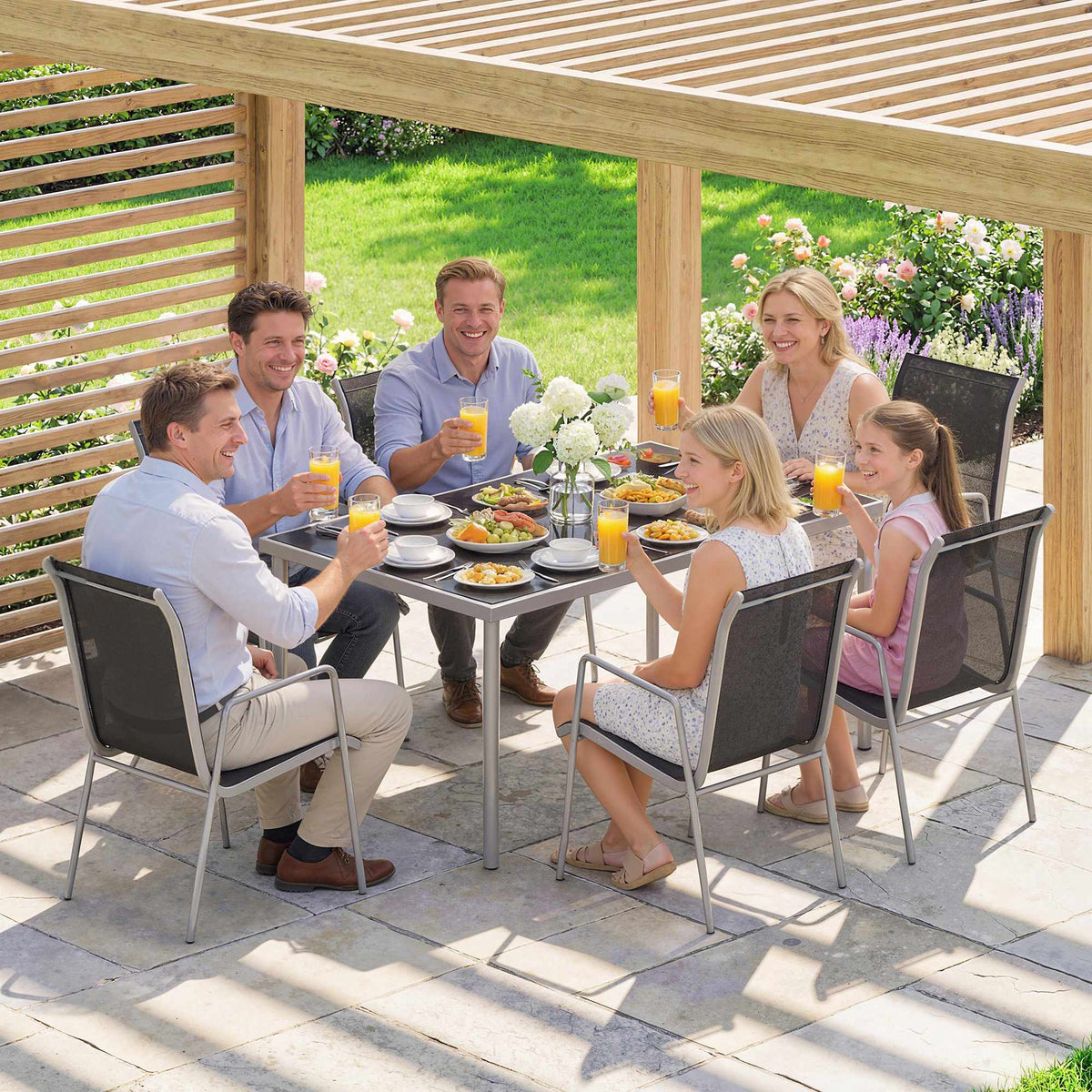 Outdoor Dining Set, 7-Piece, Glass Table & Stackable Chairs