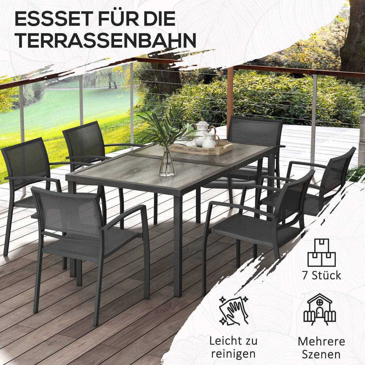 Outdoor Dining Set with Table and 6 Stackable Chairs, Grey