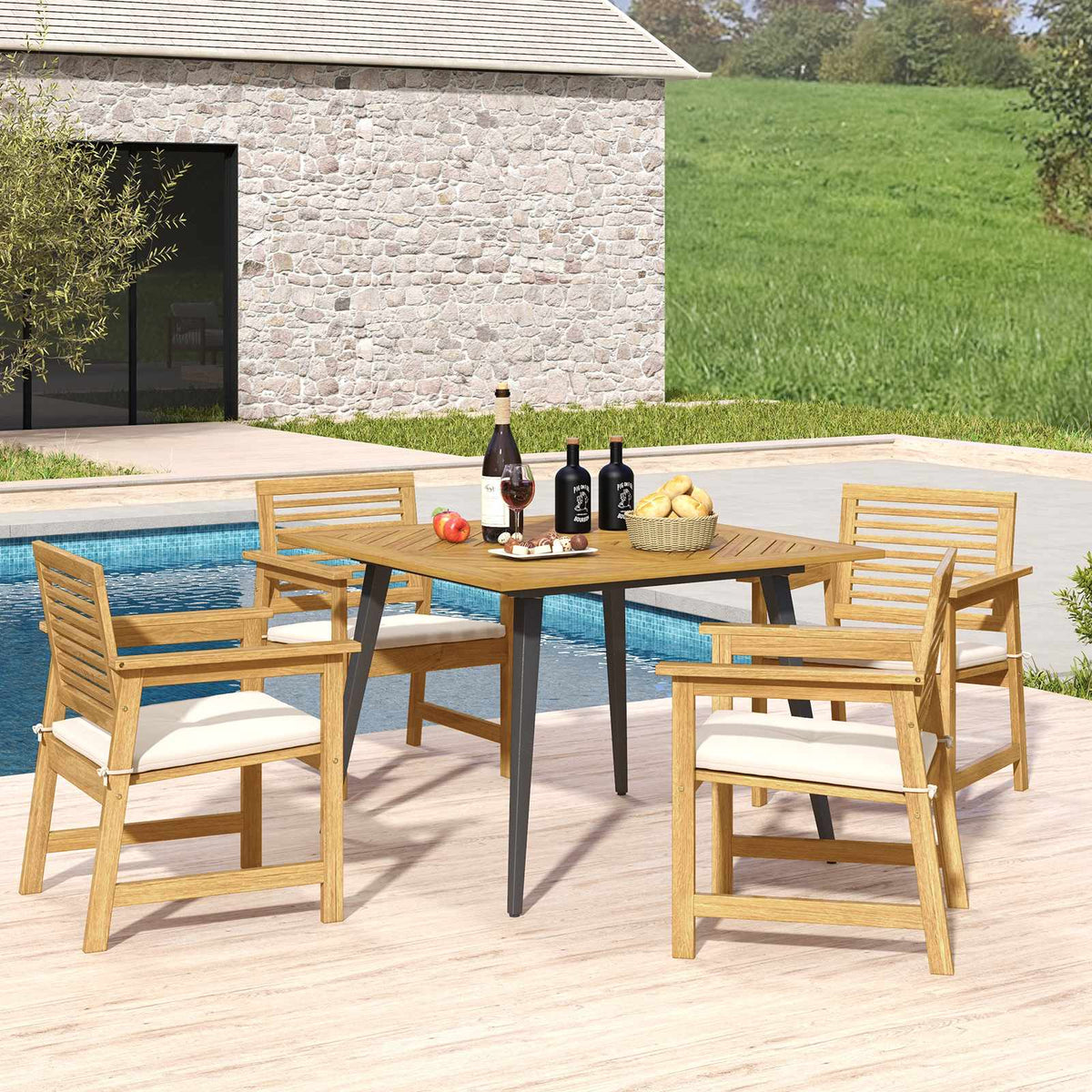 Outdoor Dining Table, Acacia Wood, 4-Person, 1.9 in Hole