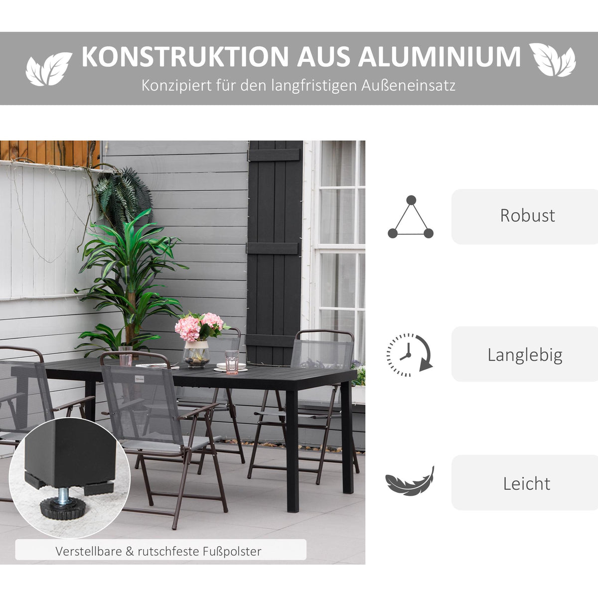 Outdoor Dining Table, Black, 190 x 90 x 74 cm, Seats 8