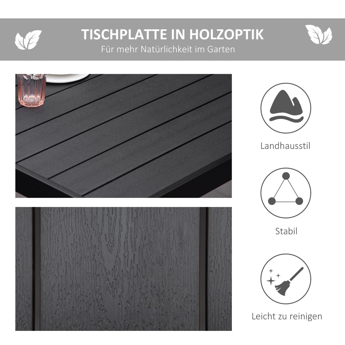 Outdoor Dining Table, Black, 190 x 90 x 74 cm, Seats 8