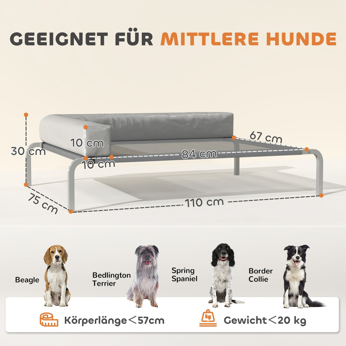 Outdoor Dog Bed, Raised Dog Bed for Medium-Sized Dogs, with L-Shaped Cushion 110x75x30cm, Light Grey