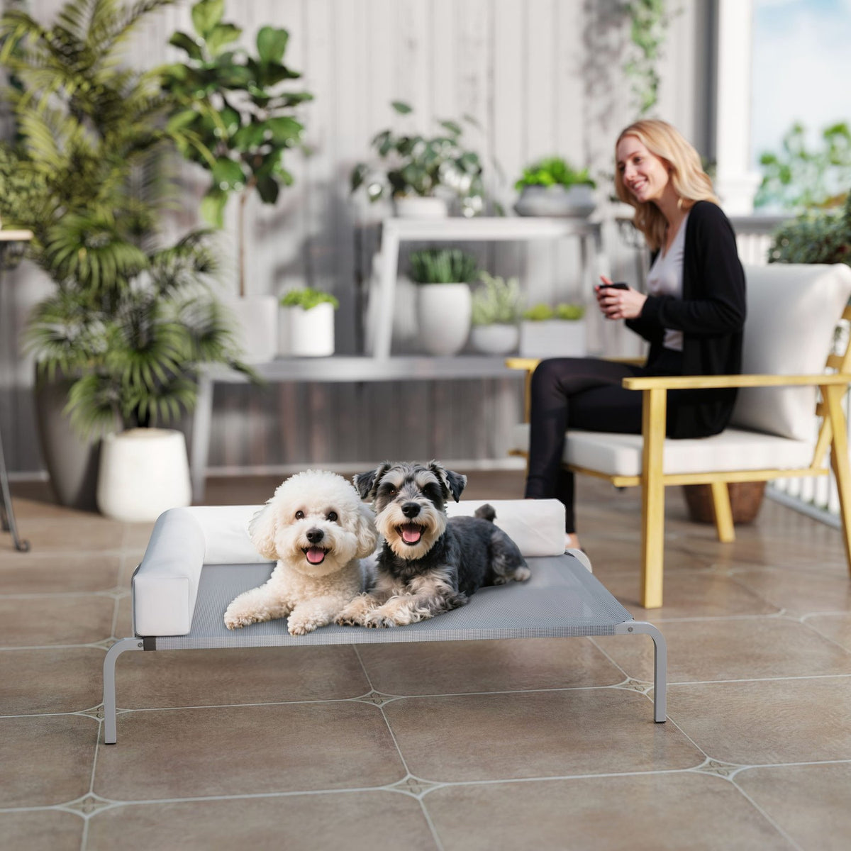 Outdoor Dog Bed, Raised Dog Bed for Medium-Sized Dogs, with L-Shaped Cushion 110x75x30cm, Light Grey